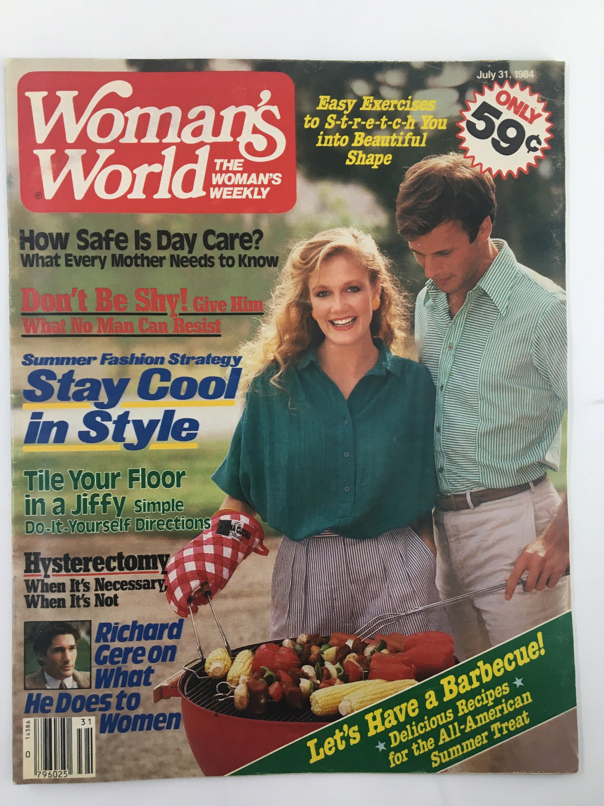 Woman's World Magazine July 31 1984 cover featuring a woman and a man grilling with skewers. Highlights include articles on summer fashion strategies, day care safety, and Richard Gere's influence on women.