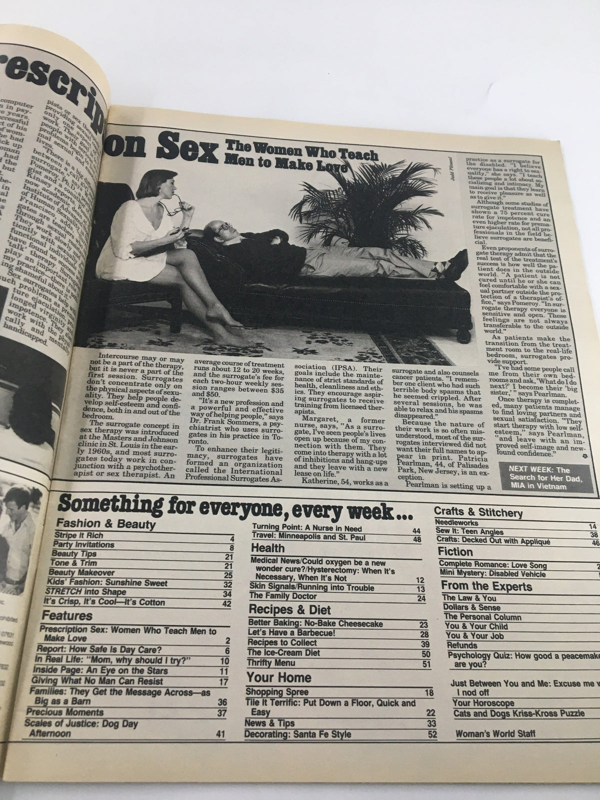 Interior page of Woman's World Magazine July 31 1984 discussing topics on sex and surrogacy. The layout features articles and a table of contents with insights into women who teach men to make love.