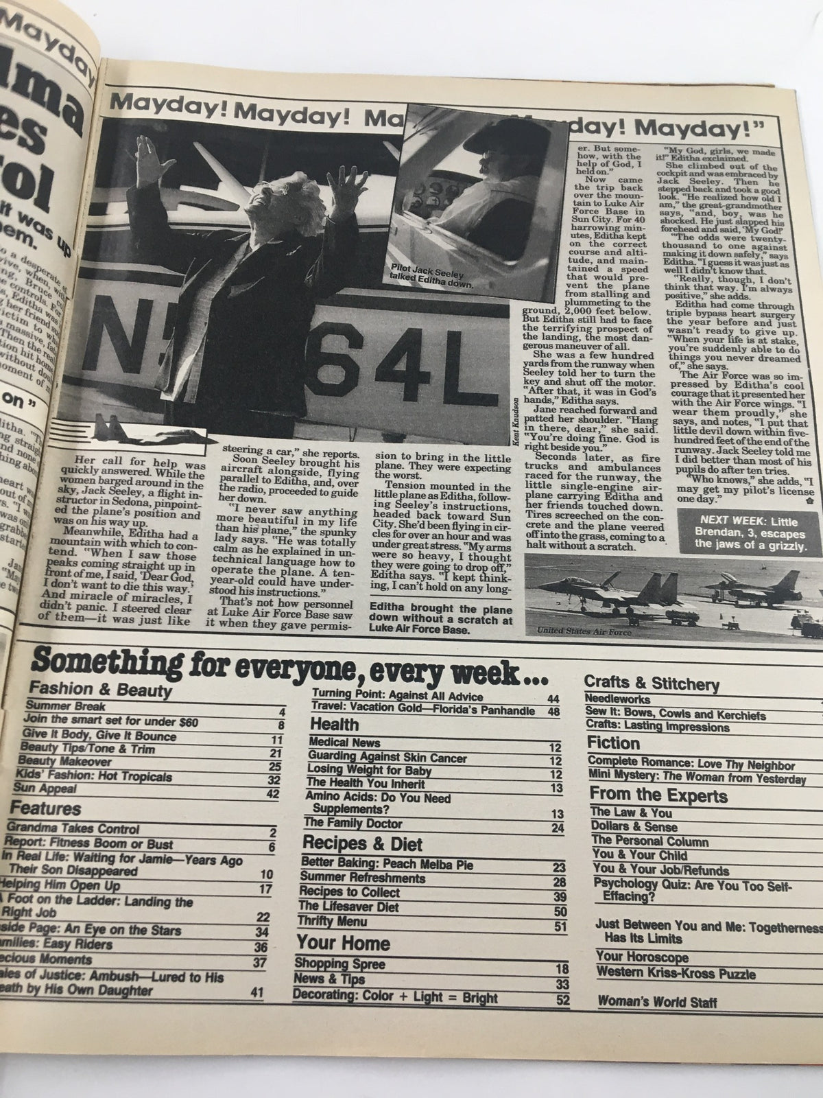 Interior page of Woman's World Magazine August 14, 1984 featuring an article titled 'Mayday! Mayday!', with images and text discussing a piloting situation, highlighting content related to health and safety.