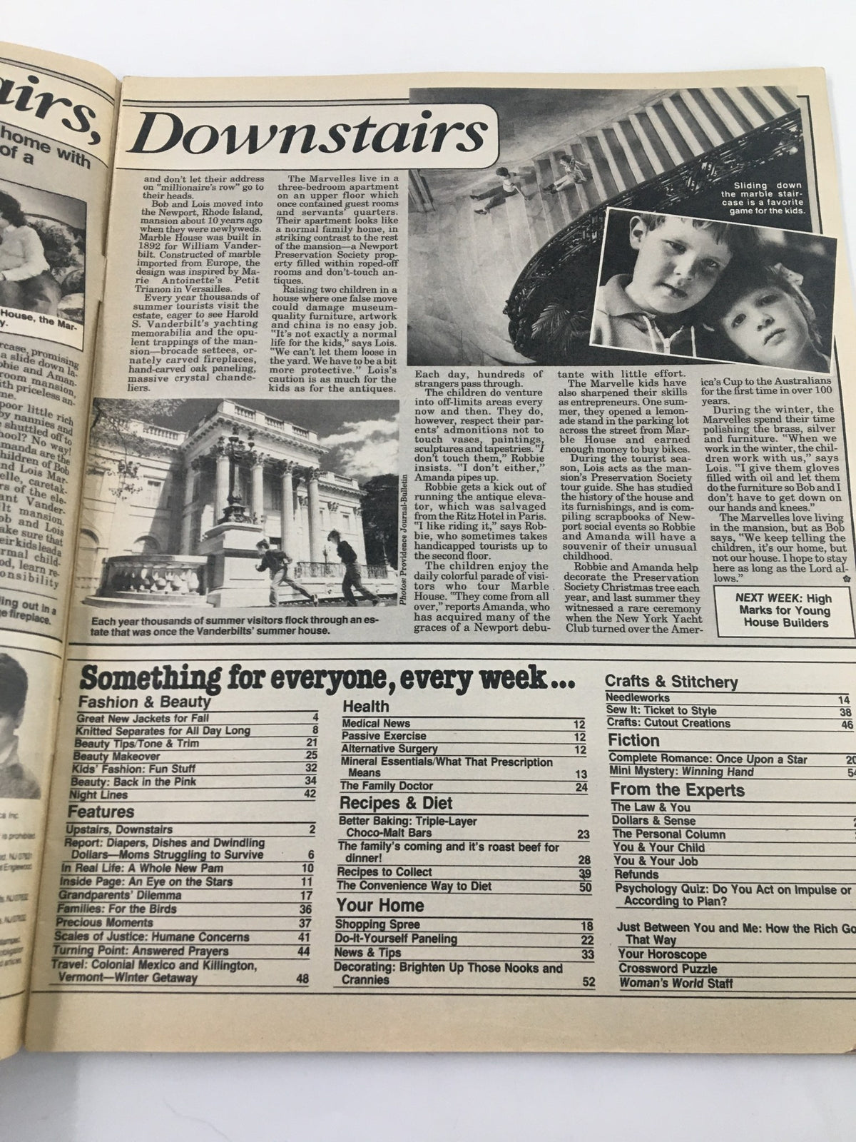 Inside page of Woman's World Magazine October 23, 1984, showcasing an article titled 'Downstairs.' The page contains images and text discussing home features and family living, along with a table of contents.