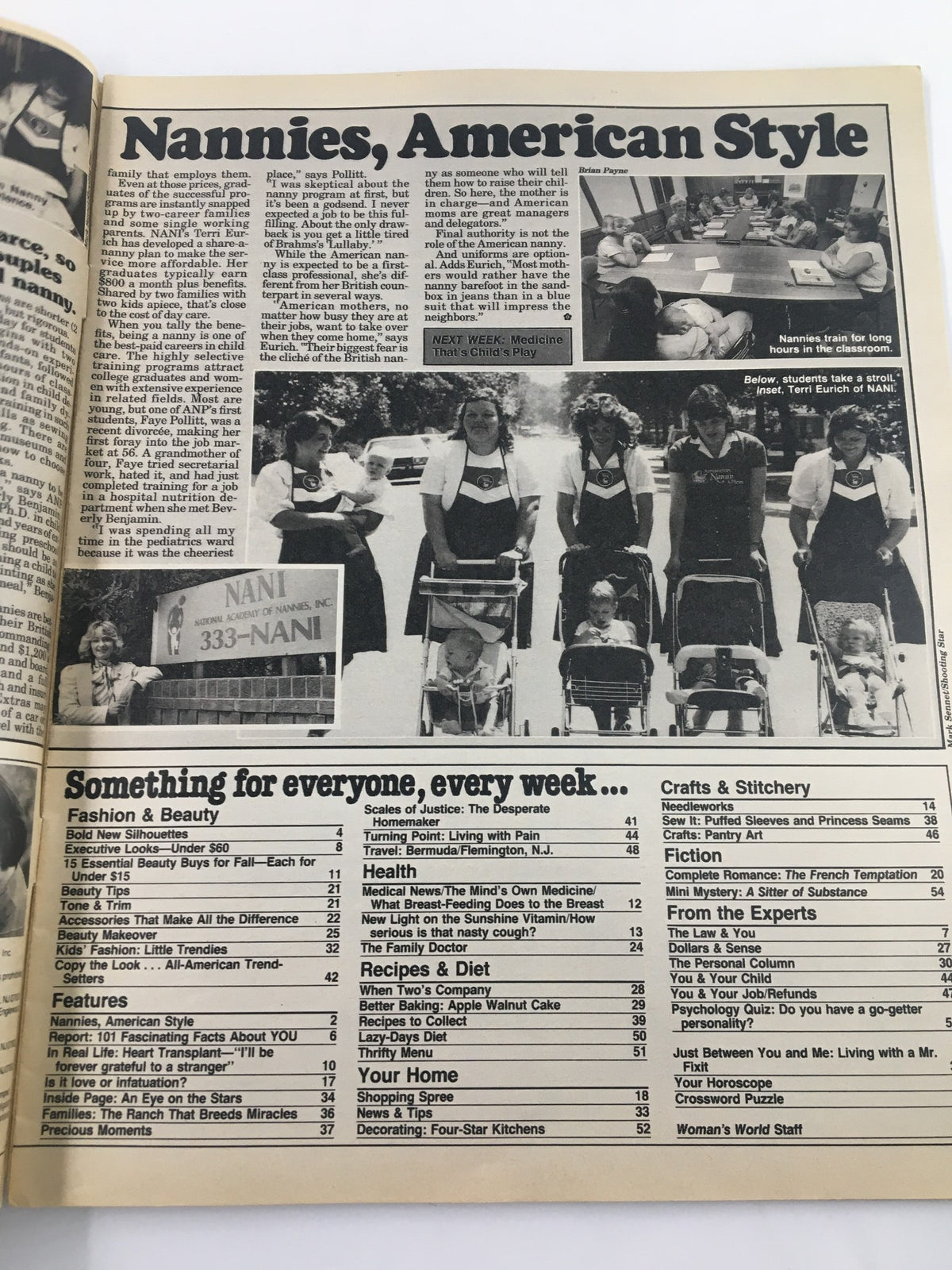 Inside page of Woman's World Magazine September 11, 1984 titled 'Nannies, American Style,' featuring an article about American nannies with photographs of multiple caregivers with children in strollers, along with a table of contents listing various topics.
