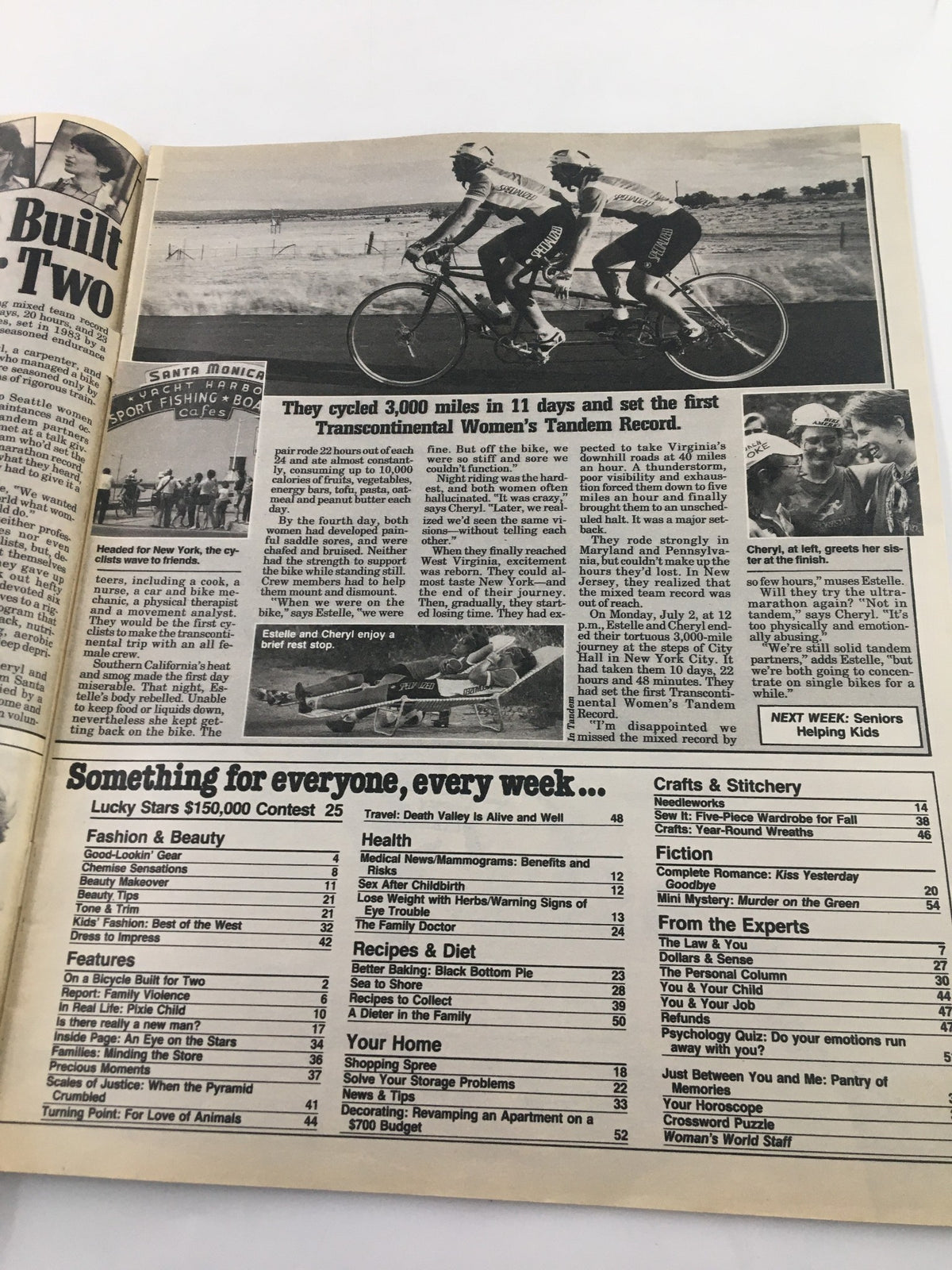 Inside of Woman's World Magazine, September 25, 1984, highlighting articles on women's interests, including a feature on a women's tandem cycling record.