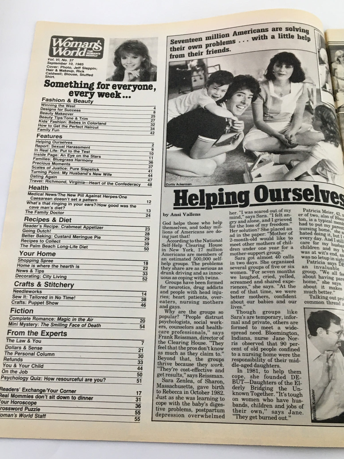 Page from Woman's World Magazine September 10 1985 featuring contents and articles. Includes topics like fashion and beauty, health advice, and personal stories. Highlights an article titled 'Helping Ourselves' by Ansi Vallens with a focus on self-help and community support.
