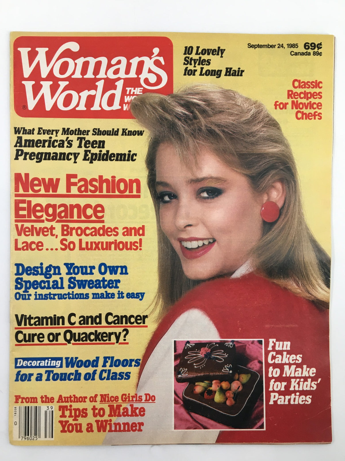 Cover of Woman's World Magazine dated September 24, 1985, featuring the topic America's Teen Pregnancy Epidemic, with a young woman showcasing fashion and beauty tips.
