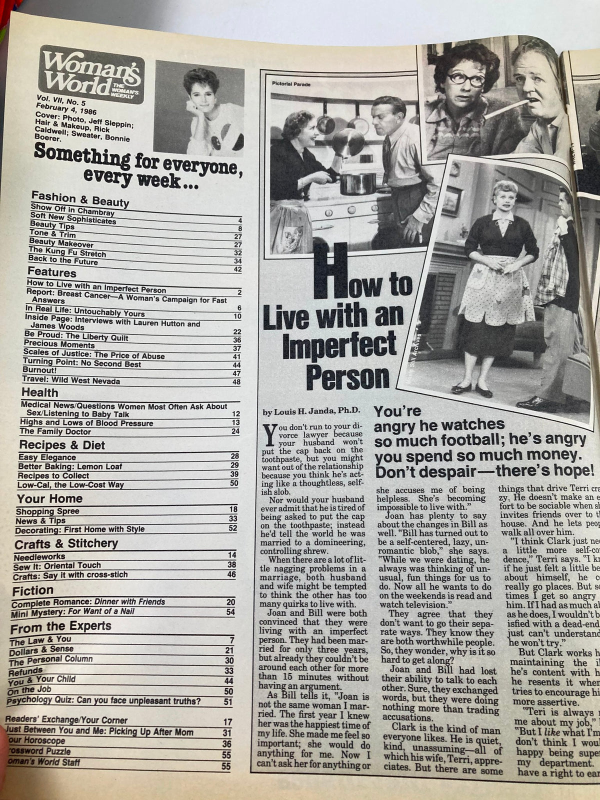 Table of contents page from Woman's World Magazine February 4, 1986 detailing features such as Fashion & Beauty, Health, Home, and Crafts.
