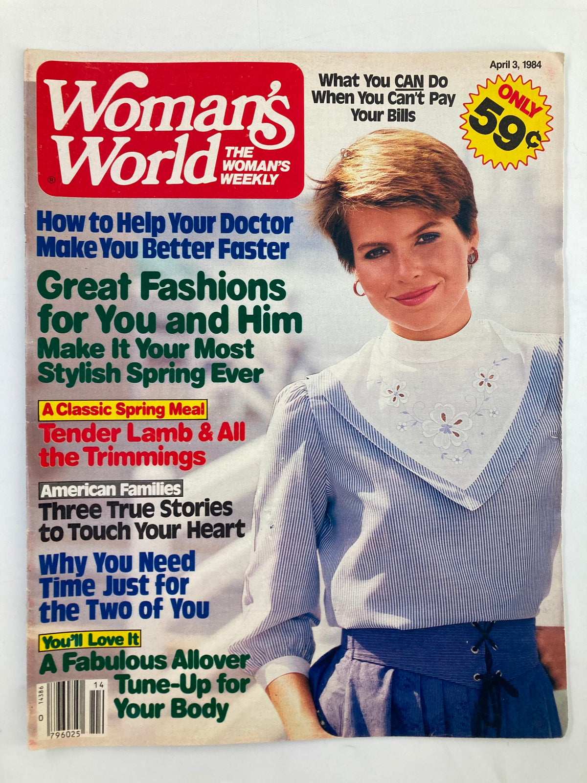 Cover of Woman's World Magazine, April 3, 1984 featuring the title 'Tender Lamb & All The Trimmings'. Includes articles on fashion, health, and recipes, with a smiling woman dressed in spring attire.