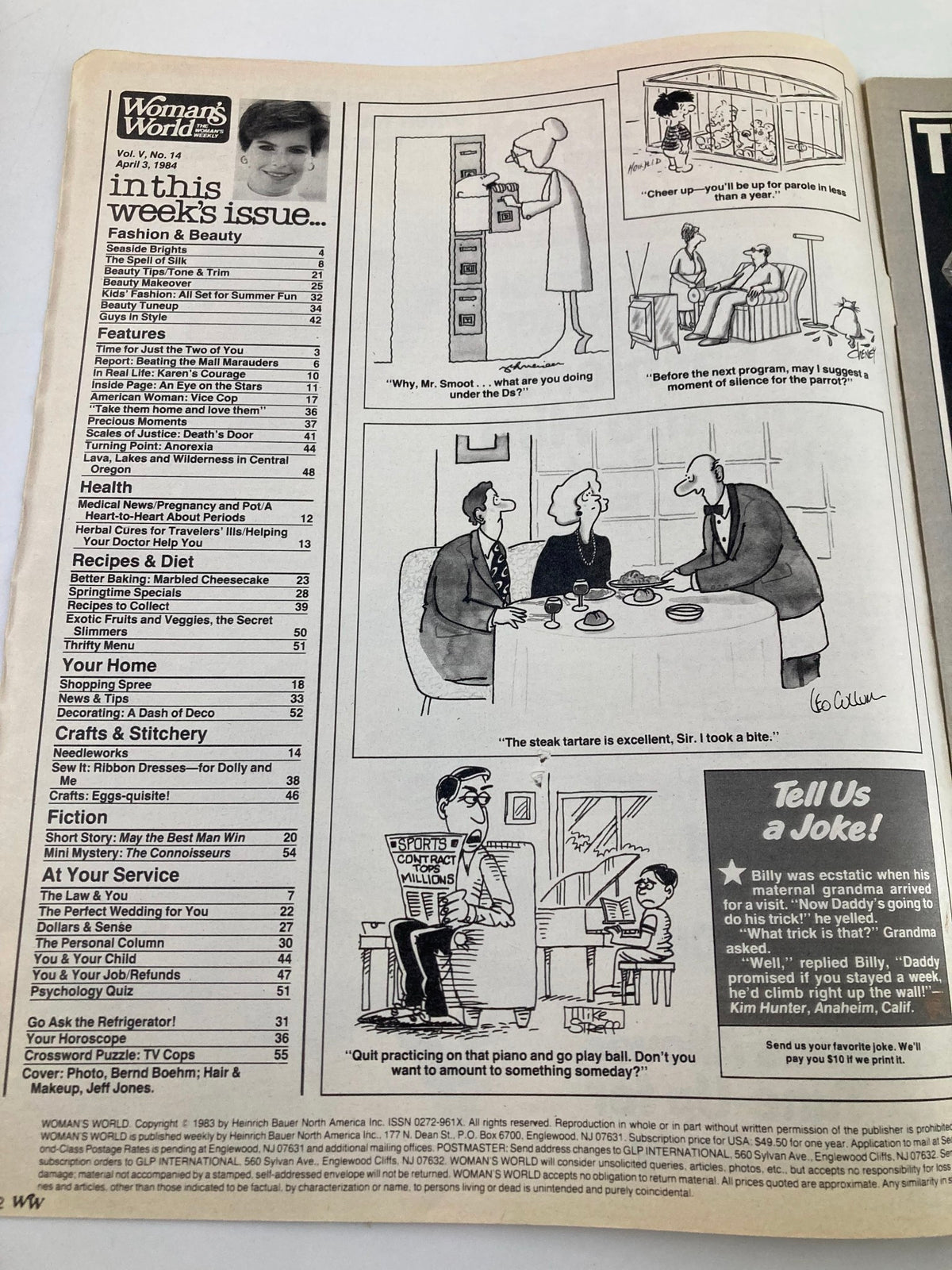 Table of contents page from Woman's World Magazine, April 3, 1984. Featuring features on fashion, health, crafts, and humor with cartoons, highlighting a mix of informative articles for women.