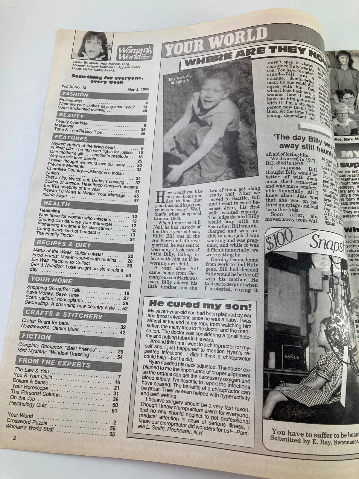 Interior page of Woman's World Magazine May 2, 1989 showcasing the table of contents and article previews, emphasizing health and lifestyle features.