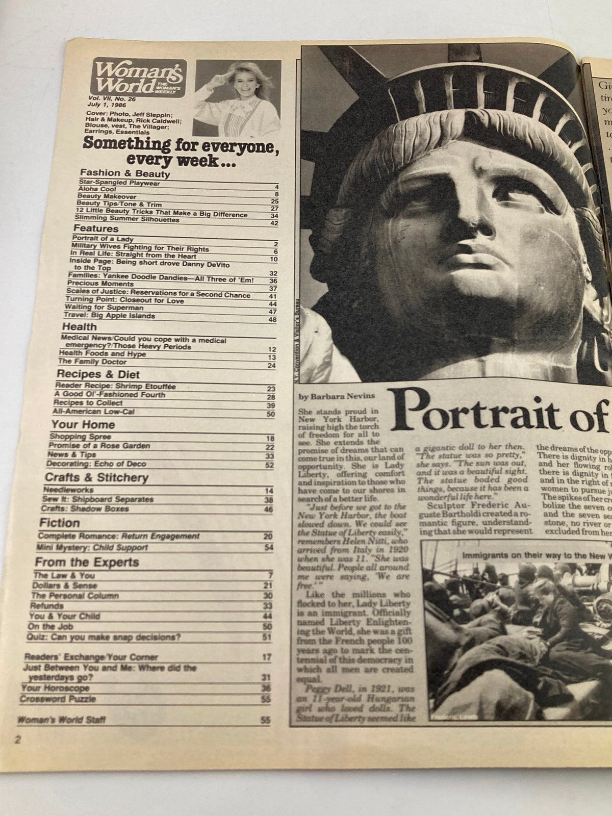 Contents page of Woman's World Magazine July 1, 1986 showcasing various sections including features on health, recipes, and crafts, highlighting the publication's variety.