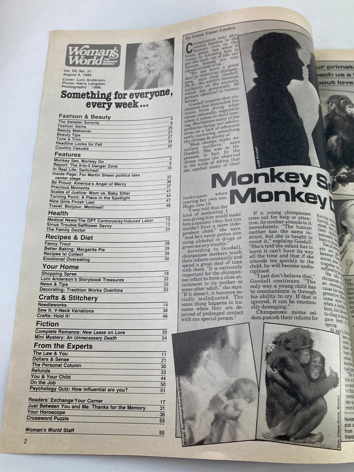 Interior page of Woman's World Magazine August 5 1986 showcasing the table of contents with features on fashion, home, and health.