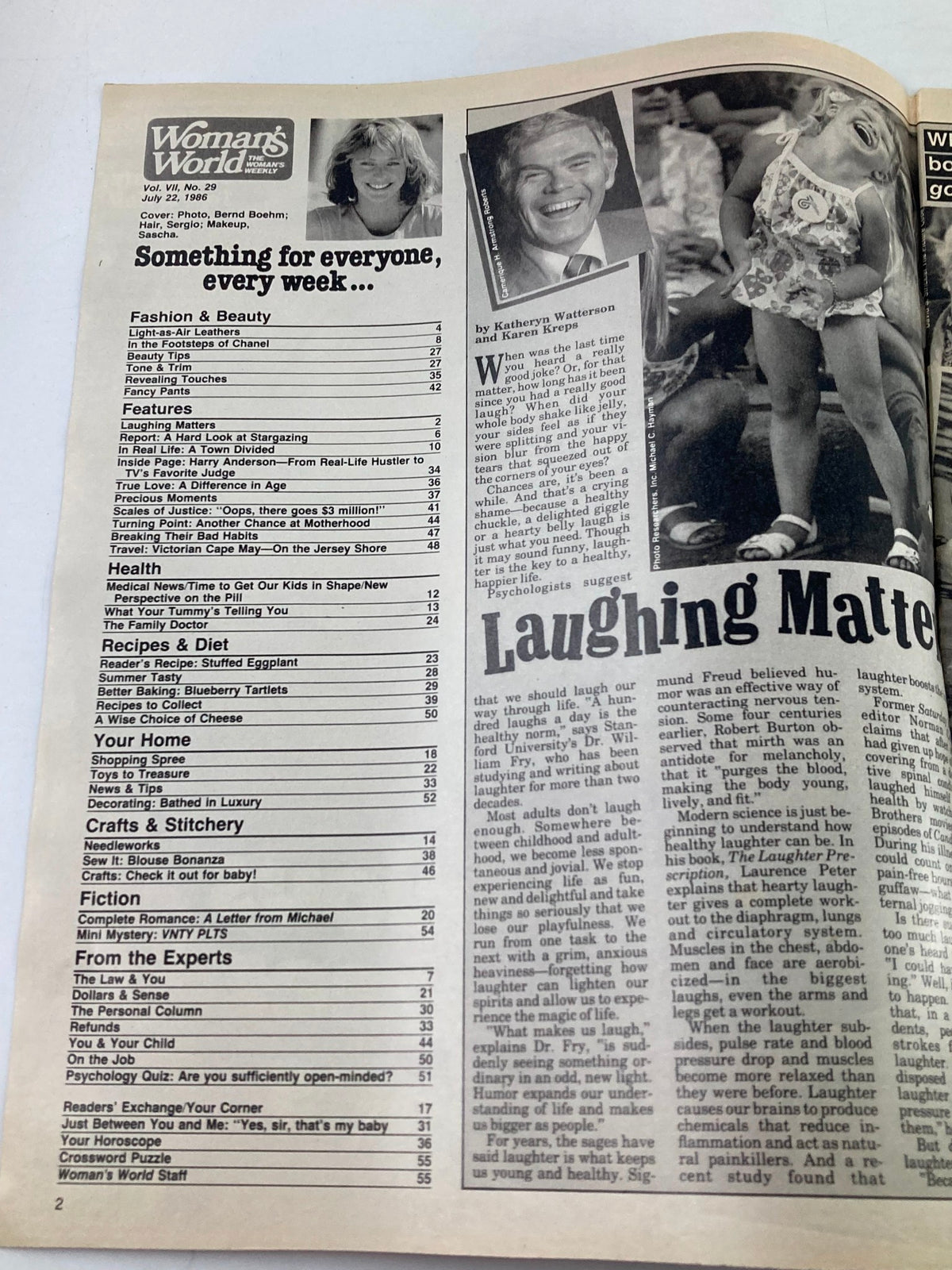 Interior page of Woman's World Magazine July 22 1986 showcasing the table of contents with various sections including fashion, health, recipes, and humor.