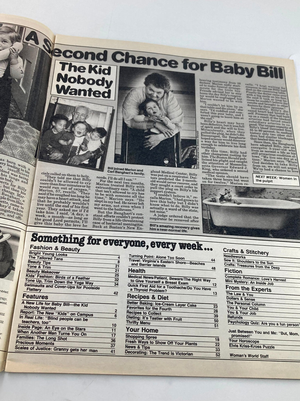 Inside page of Woman's World Magazine, July 3, 1984, with the headline 'A Second Chance for Baby Bill' and sections detailing health features, recipes, and a table of contents.