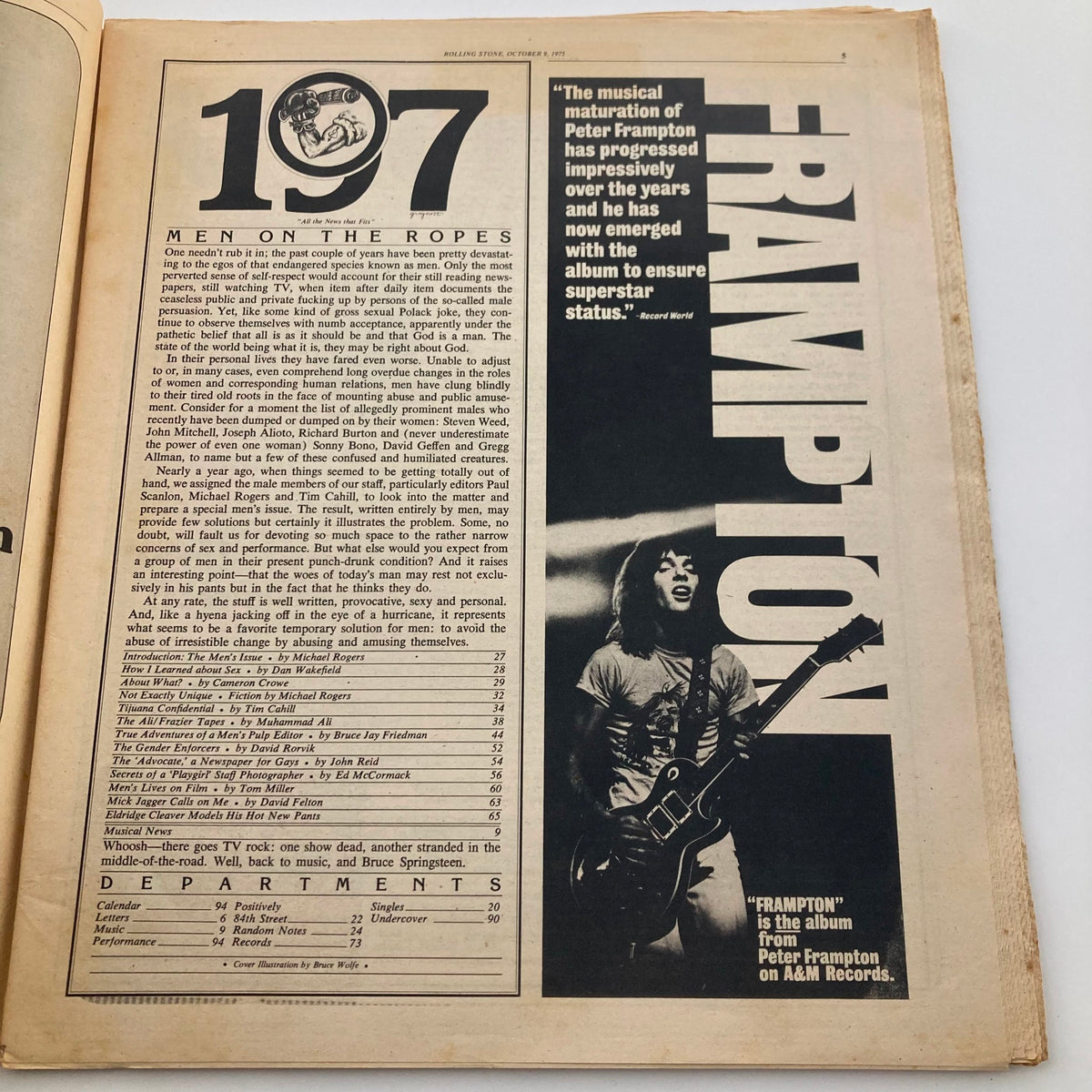 Inside page of VTG Rolling Stone Magazine October 9 1975 No. 197 highlighting an article about Peter Frampton, alongside the magazine's table of contents.