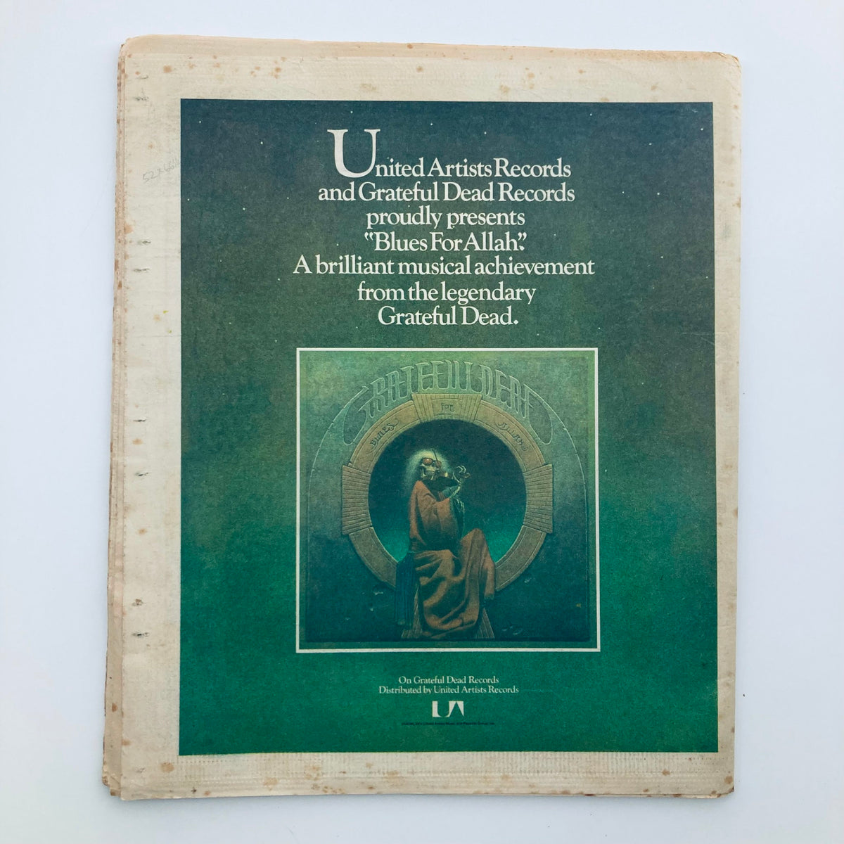 Back cover of Vintage Rolling Stone Magazine September 25 1975 No. 196 The Eagles, displaying an advertisement for 'Blues For Allah' by the Grateful Dead.