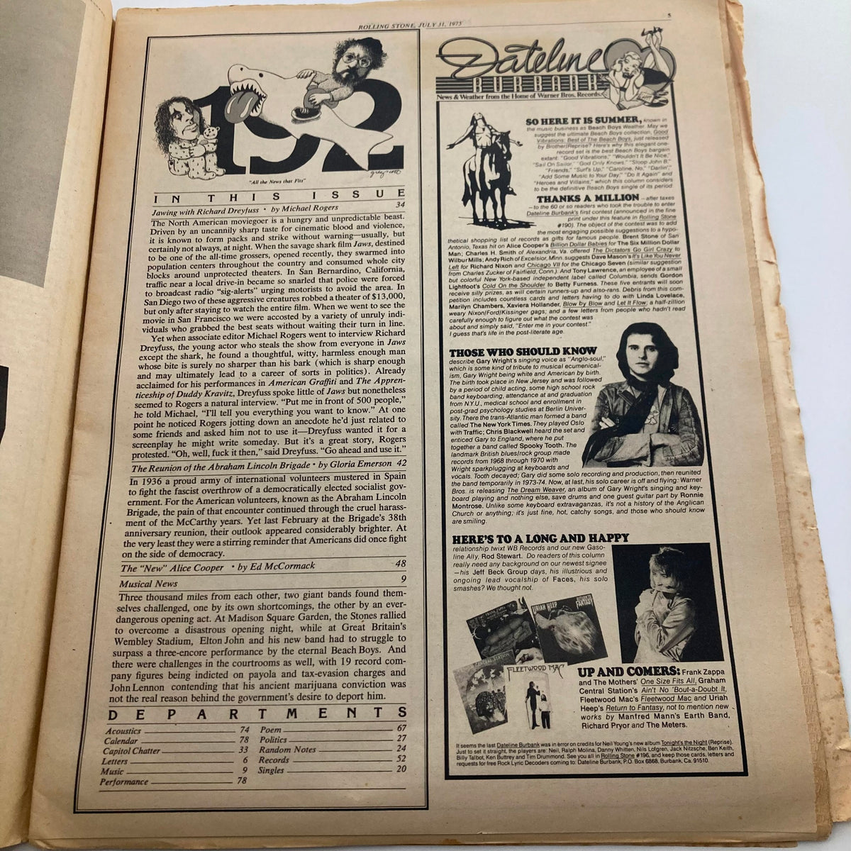 Interior page of VTG Rolling Stone Magazine July 31 1975 No. 192 featuring articles and features related to Richard Dreyfuss.