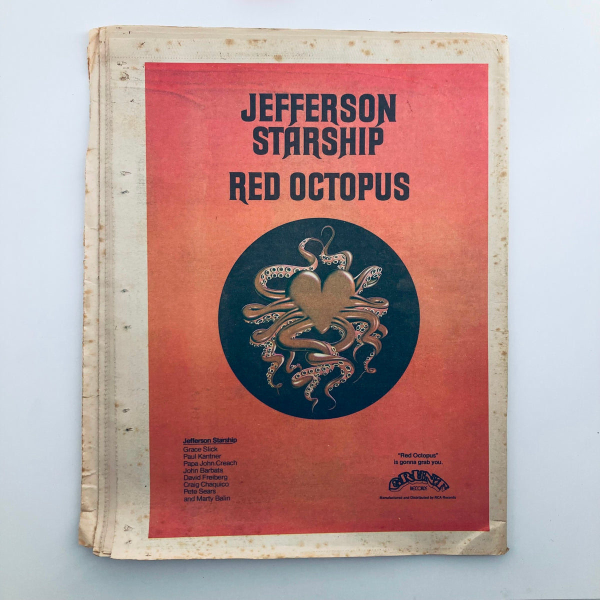 Back cover of VTG Rolling Stone Magazine July 31 1975 No. 192 showcasing Jefferson Starship Red Octopus album art.