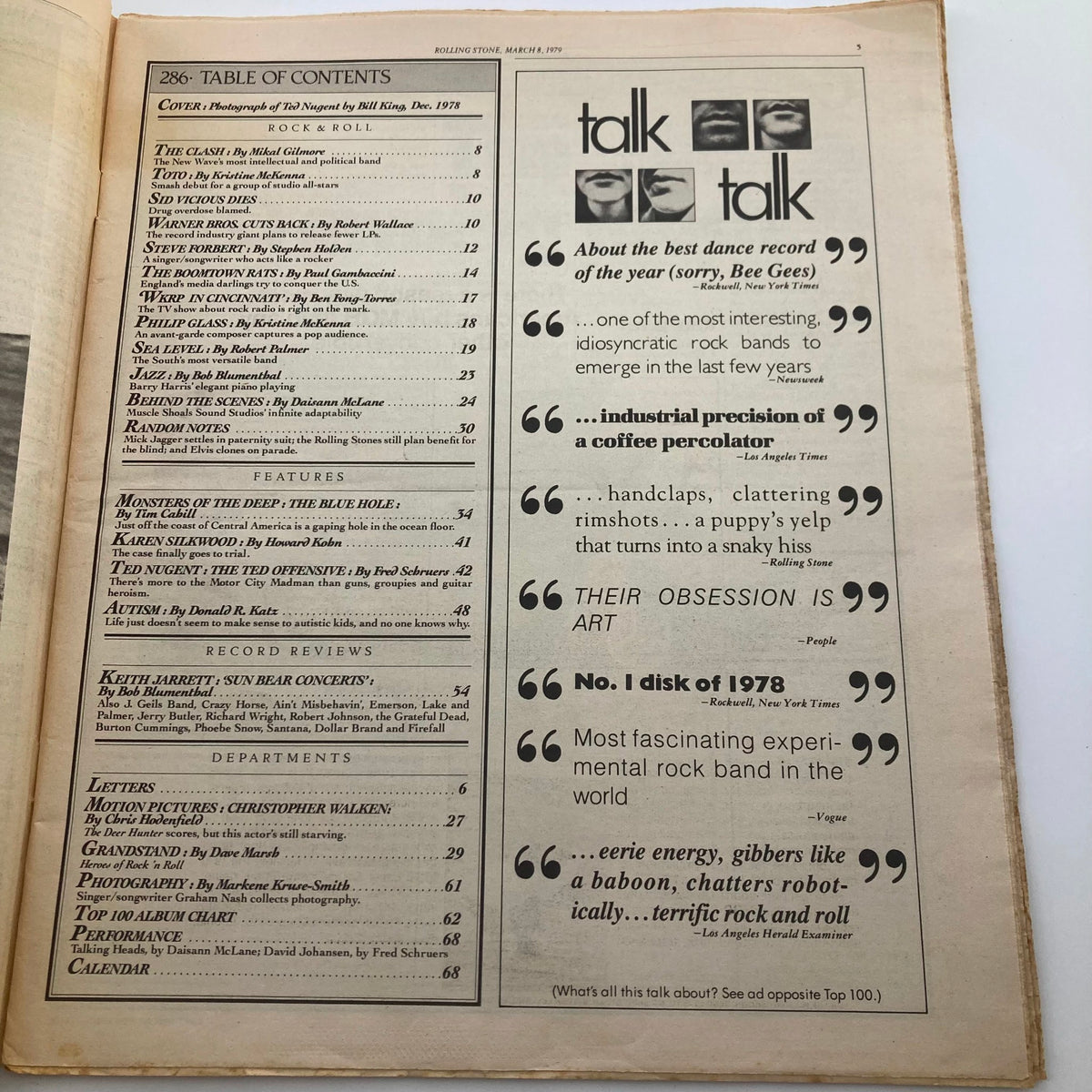 Inside view of Rolling Stone Magazine, March 8, 1979, No. 286 showing the table of contents. This page highlights articles and features from the vibrant rock music scene of the late 1970s.