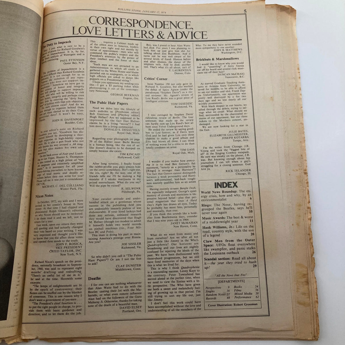 Inside page of the January 17, 1974 Rolling Stone Magazine, showing correspondence, love letters, and advice, highlighting the magazine's connection to the music culture and community.