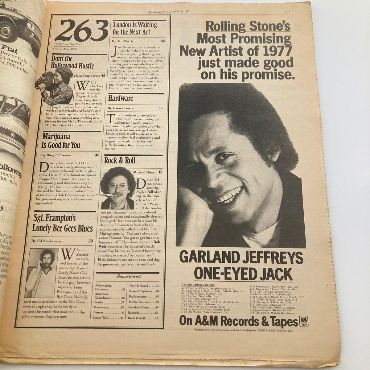 Interior page of the VTG Rolling Stone Magazine April 20 1978 No. 263, highlighting articles and features about music, including a profile on Garland Jeffreys.