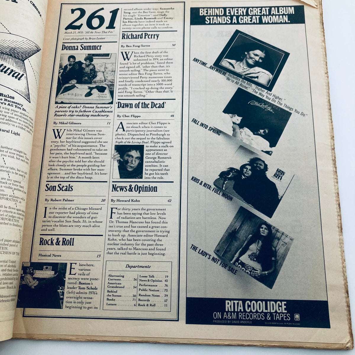 Inside page of VTG Rolling Stone Magazine March 23, 1978, No. 261 showcasing articles related to Donna Summer and music trends of the 70s. Includes editorial sections and categories.