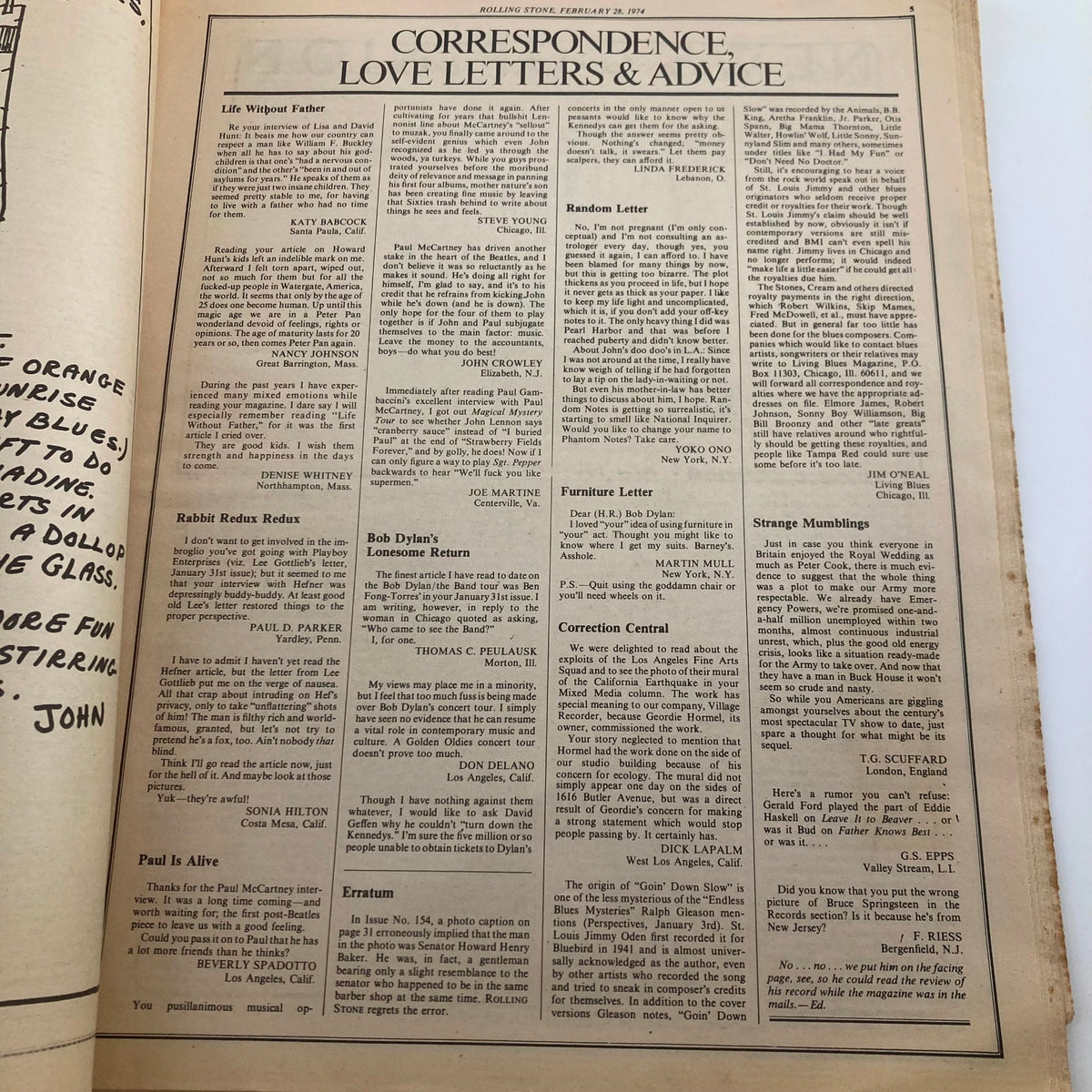 Inside page of Rolling Stone Magazine February 28, 1974, Issue No. 155 showcasing letters, correspondence, and advice, reflecting the magazine's interactive element with readers.