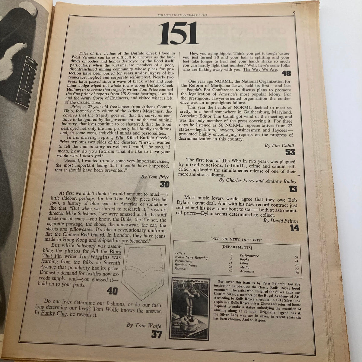 Interior page of VTG Rolling Stone Magazine January 3 1974 No. 151, including articles and visuals related to the 'The Denim Affair' and the culture of the 1970s.