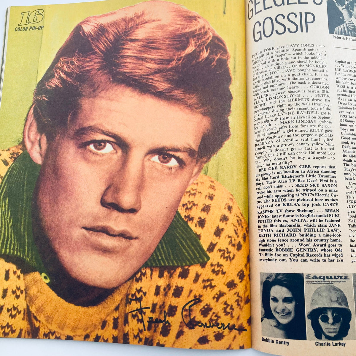 VTG 16 Magazine November 1967 featuring a color pin-up image of Peter Tork from The Monkees, showcasing his iconic hairstyle and fashion of the era.