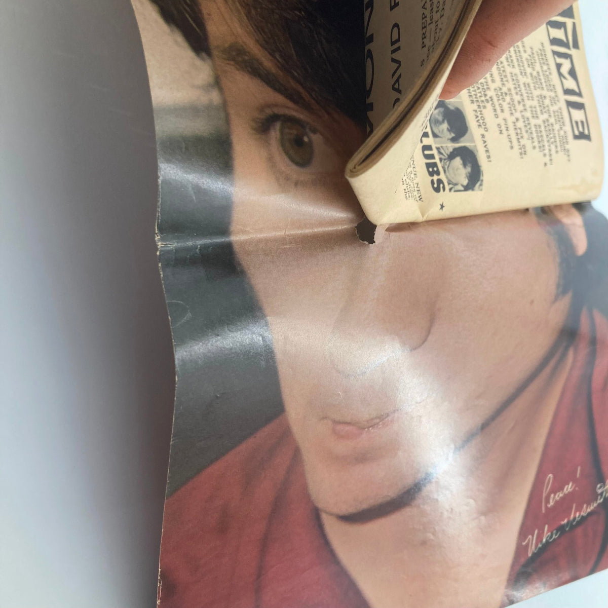 VTG 16 Magazine November 1967 featuring a close-up image of Davy Jones from The Monkees, displaying a candid look with a torn section highlighting the magazine's vintage condition.