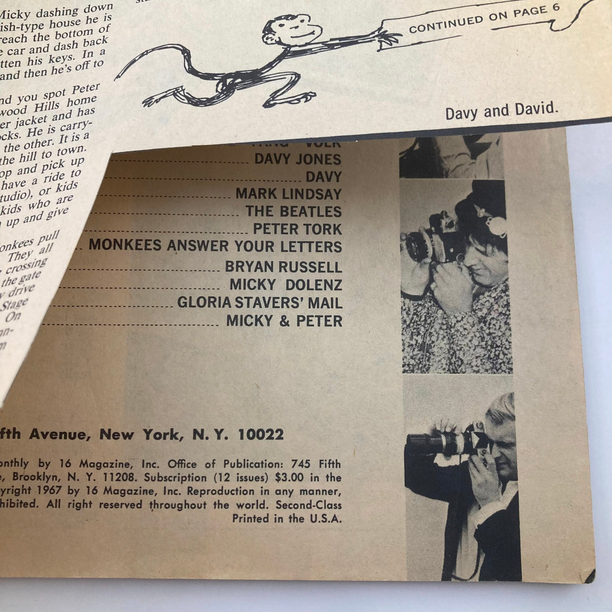 Interior page of VTG 16 Magazine July 1967 Vol 9 No. 2 with a list of articles and a playful illustration, reflecting the culture of the 1960s.