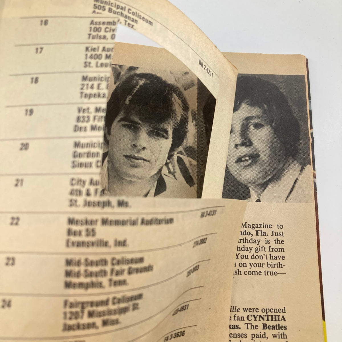 Image showcasing a schedule within the VTG 16 Magazine July 1967 Vol 9 No. 2 with various artists, featuring a youthful Davy Jones.