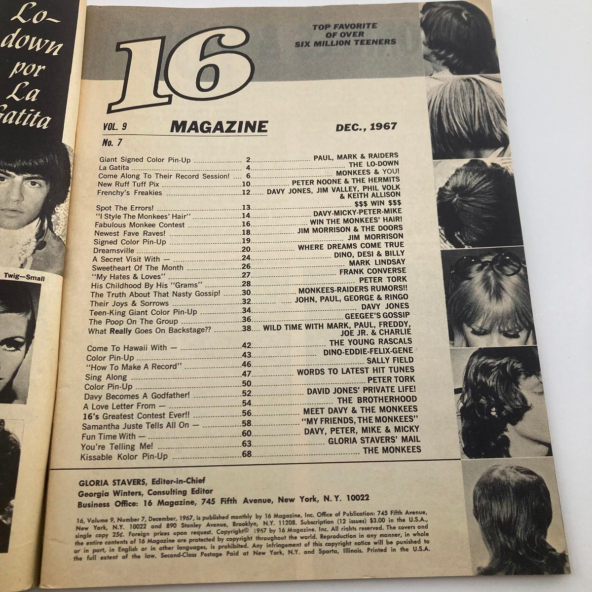 Table of contents from VTG 16 Magazine December 1967 Vol 9 No. 7 listing featured articles about Monkees and other musical acts.