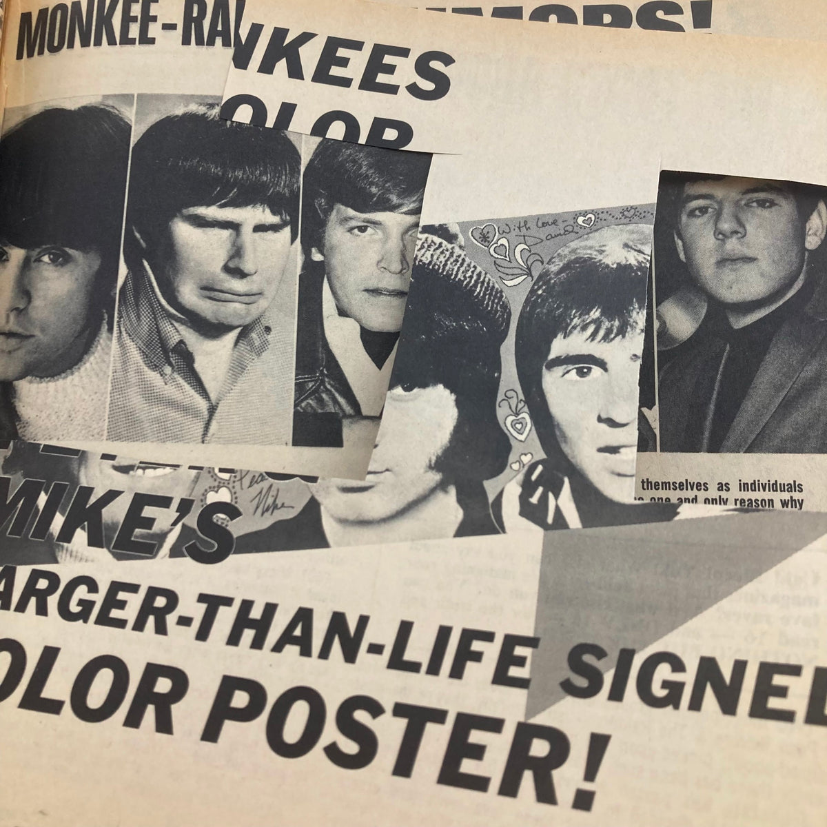 Image from VTG 16 Magazine December 1967 capturing black and white photographs of popular male musicians, featuring headlines about their larger-than-life personas and music.