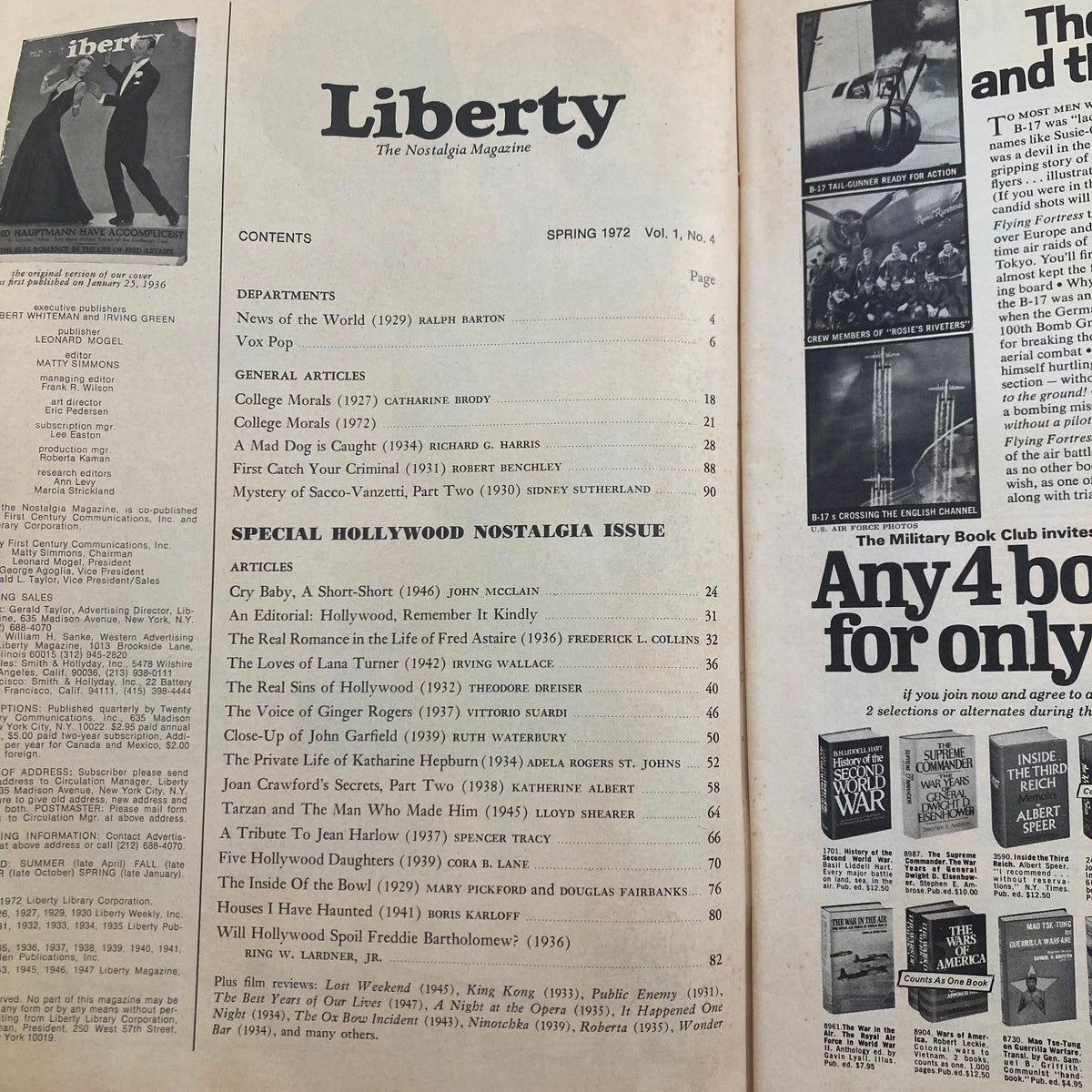 Interior page of VTG Liberty The Nostalgia Magazine Spring 1972 highlighting contents, including articles on Hollywood stars and cultural themes from the era.