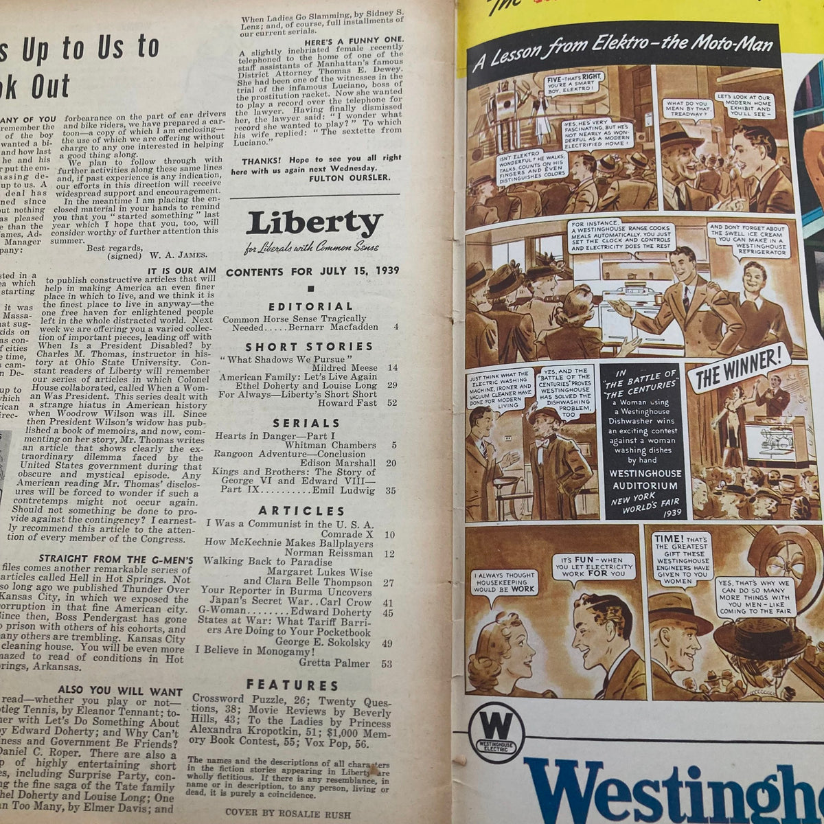 Inside page of VTG Liberty Magazine July 15 1939 showcasing the table of contents and various articles, including 'I Was A Communist in the U.S.A.' and 'Hearts in Danger'.