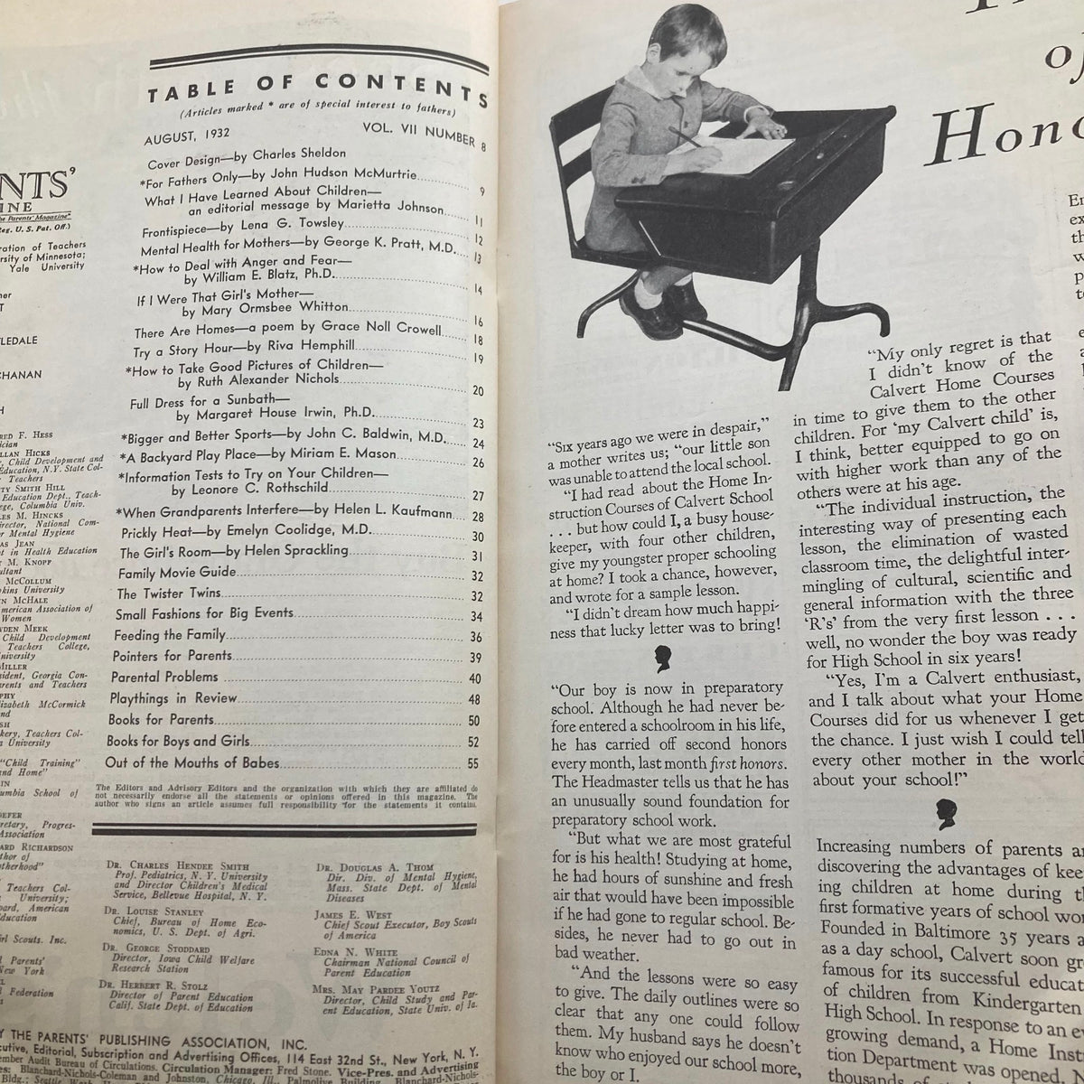 Table of contents page from VTG The Parents' Magazine August 1932 Vol 7 No. 8, listing articles including 'How to Deal with Anger and Fear' and 'The Twister Twins'.