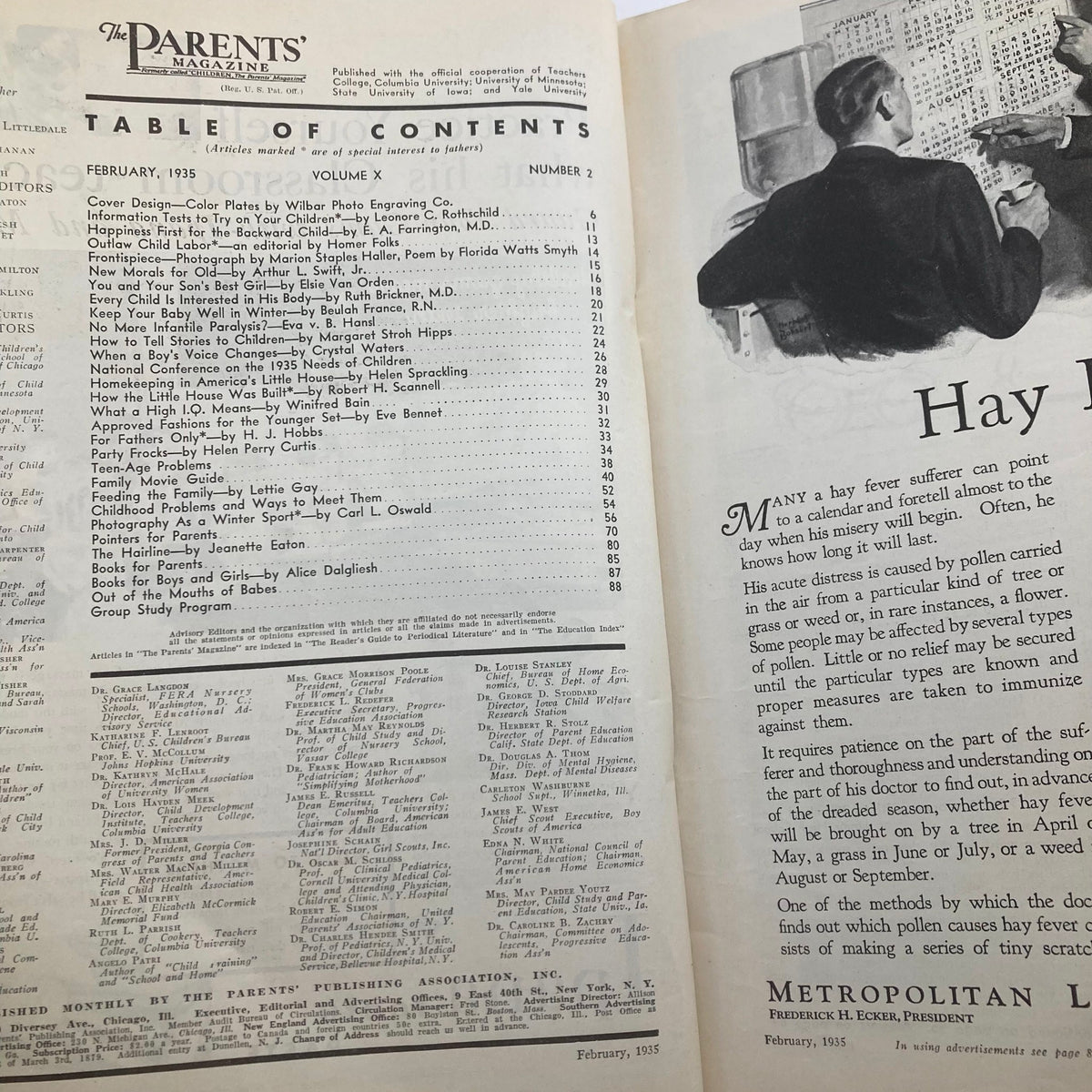 Interior page of VTG Parents' Magazine February 1935, featuring the table of contents with listings of various parenting articles and a vintage illustration.