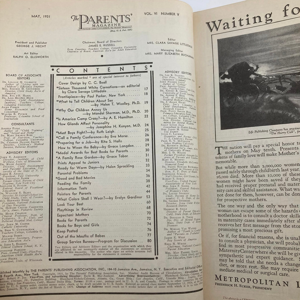 Table of contents page from VTG The Parents' Magazine May 1931, Vol 6 No. 5, featuring articles on parenting challenges and social dynamics of the era.