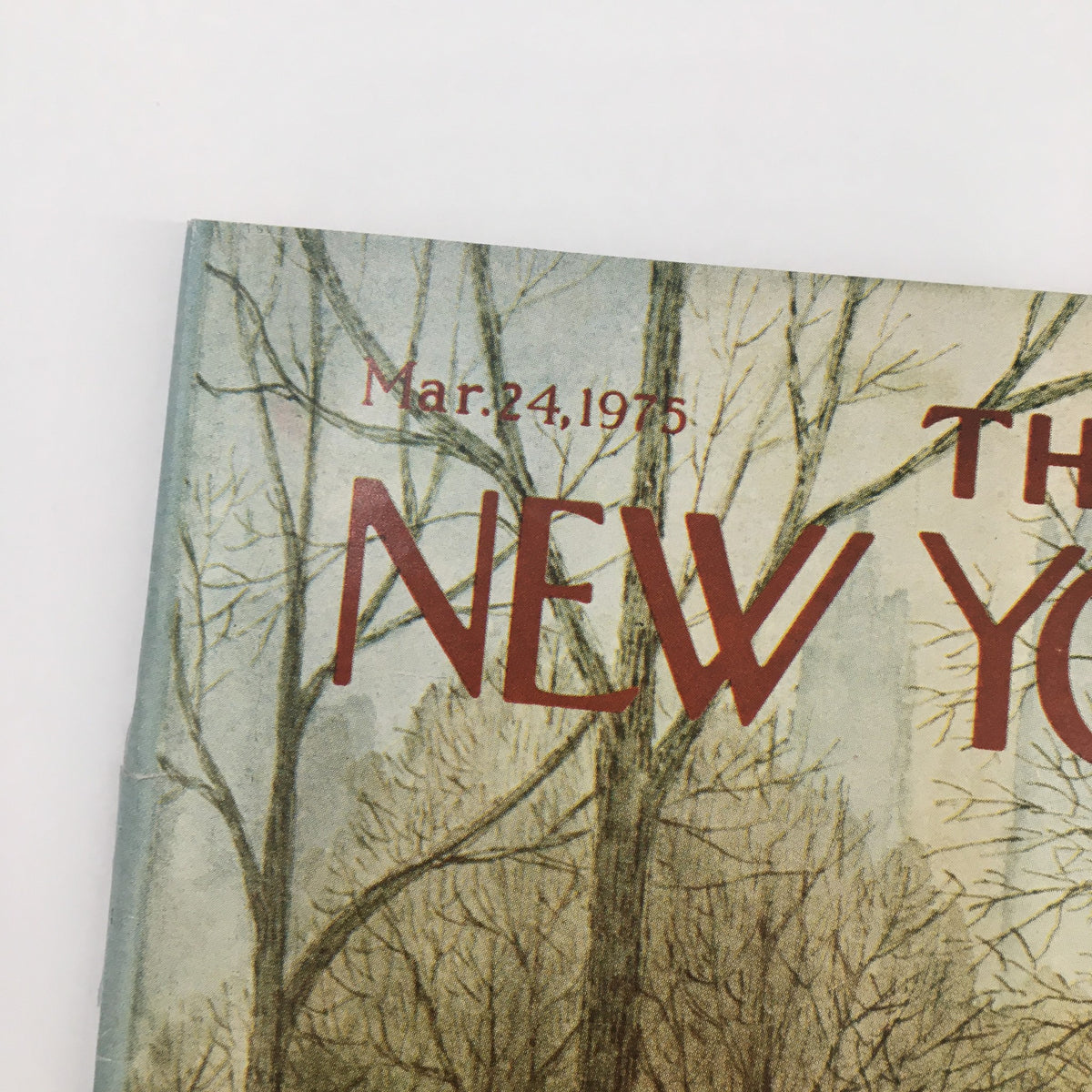 Close-up of the cover of The New Yorker Magazine dated March 24, 1975, highlighting the title 'The New Yorker' and date, with an artistic depiction of trees and path.