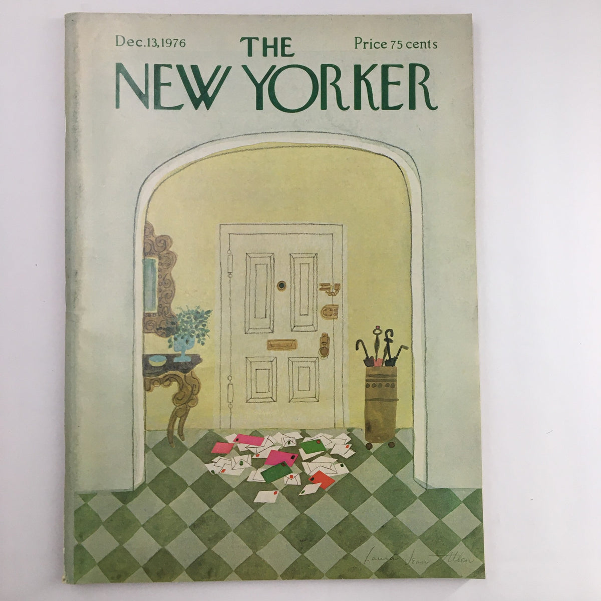 Cover of The New Yorker Magazine December 13 1976, featuring an illustrated entryway with a pile of letters by Laura Jean Allen.