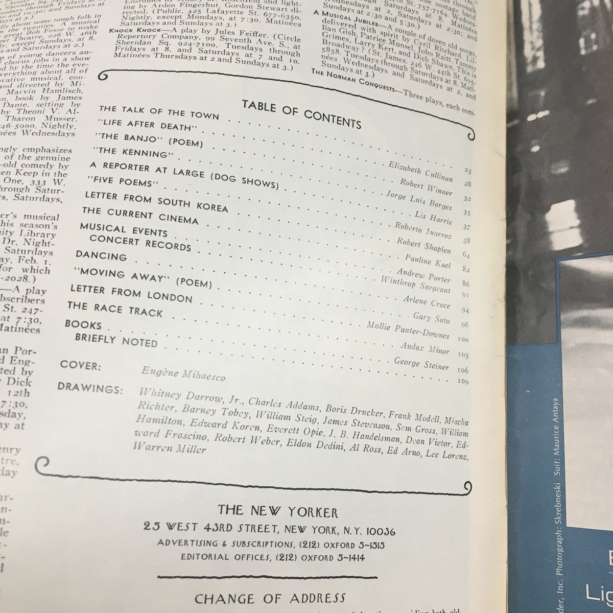 Inside page of The New Yorker Magazine January 26 1976 displaying the table of contents, highlighting articles and contributions including cover art by Eugene Mihaesco.