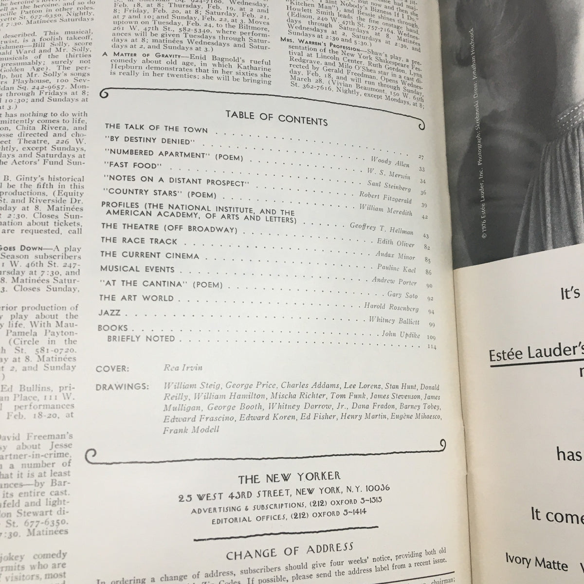 Inside page of The New Yorker Magazine February 23 1976 featuring the Table of Contents and cover credit to Rea Irvin, showcasing literary works, poems, and cultural insights from the mid-1970s.