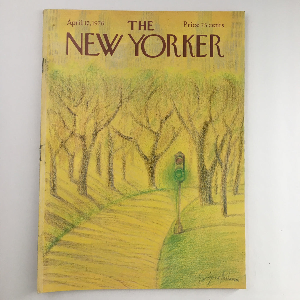 Cover of The New Yorker Magazine from April 12, 1976, featuring the artwork 'Traffic Light Rural Road' by Eugene Mihaesco, showcasing a picturesque scene with trees and a traffic signal.
