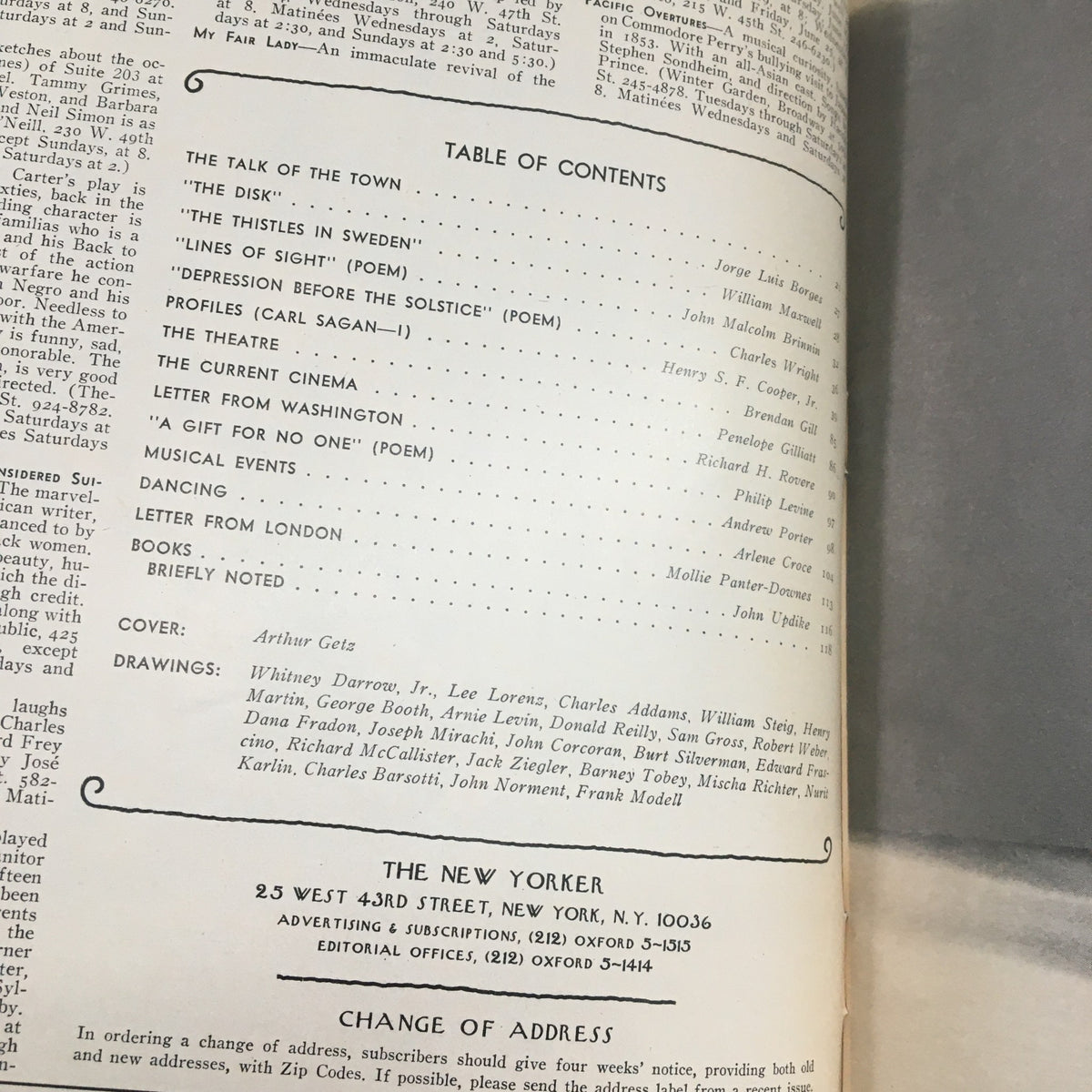 Table of contents of The New Yorker Magazine June 21 1976, showcasing articles and poems with contributions from various authors including Arthur Getz as the cover artist.