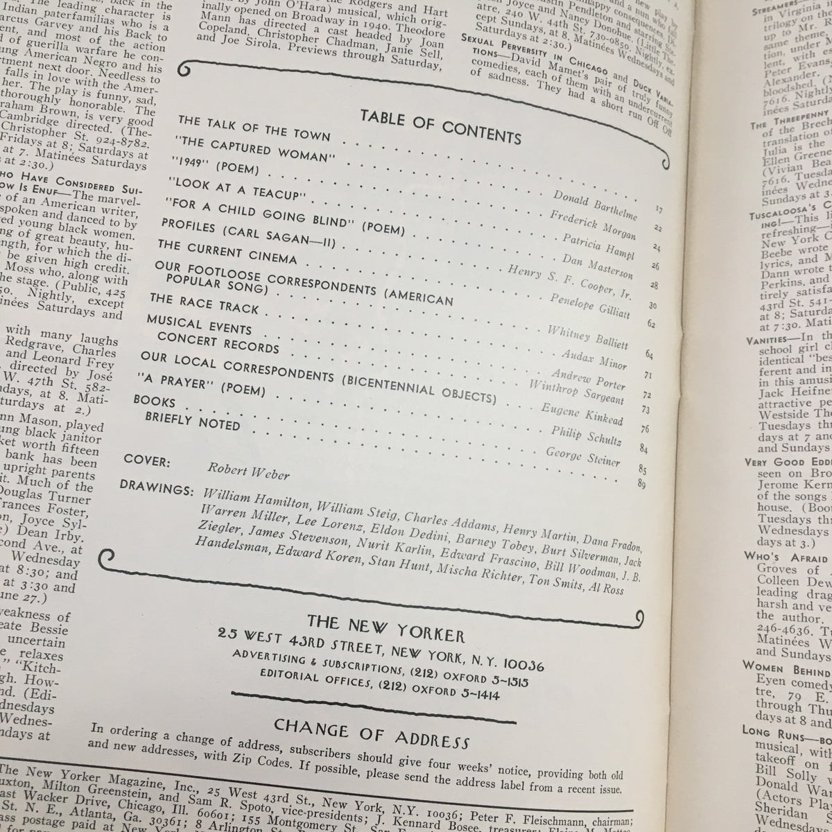 Table of contents from The New Yorker Magazine June 28, 1976 featuring articles such as 'The Captured Woman' and 'For a Child Going Blind', illustrating the diverse topics covered in this issue.