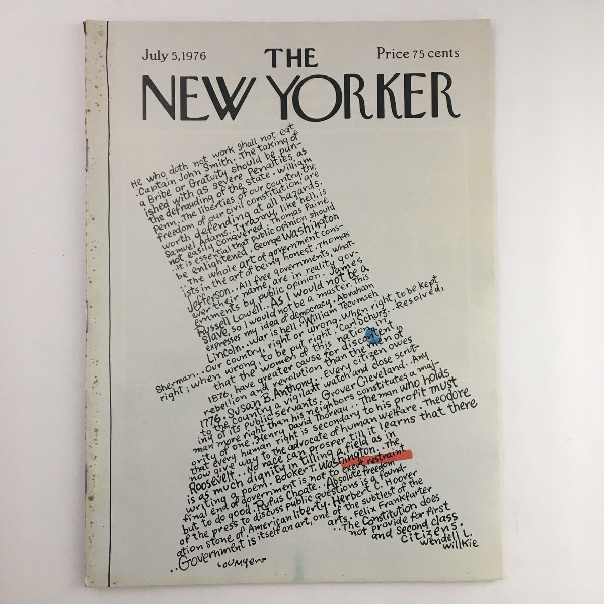 Cover of The New Yorker Magazine from July 5, 1976 featuring a letter by Susan B. Anthony, illustrated by Lou Myers, showcasing a vintage design and historical significance.