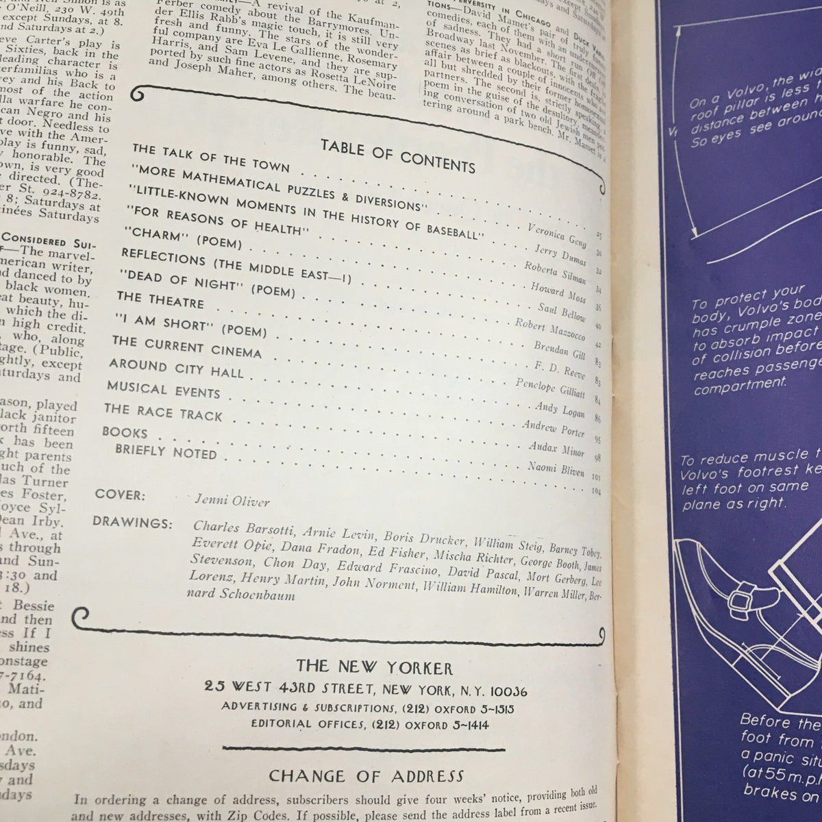 Inside page of The New Yorker Magazine July 12 1976 displaying the table of contents, including a note about the cover artist Jenni Oliver and featured articles.