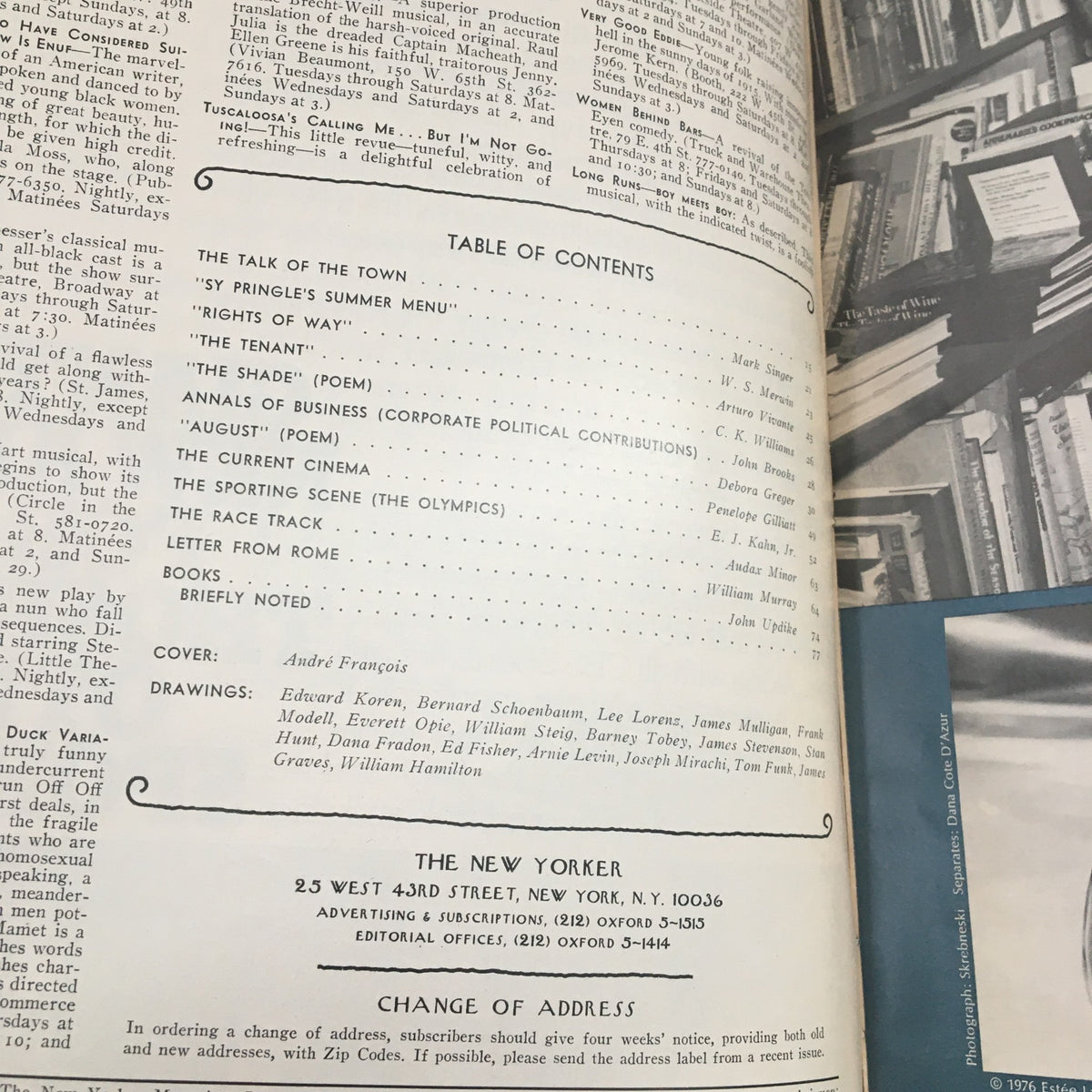 Interior page of The New Yorker Magazine from August 9, 1976, showcasing the table of contents and crediting the cover artist Andre Francois, with listings of featured articles and drawings by various contributors.