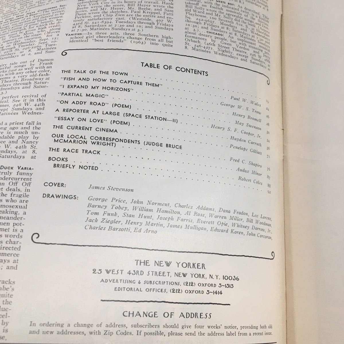 Page inside The New Yorker Magazine September 6 1976 displaying the table of contents and contributors, including a mention of illustrations by James Stevenson.