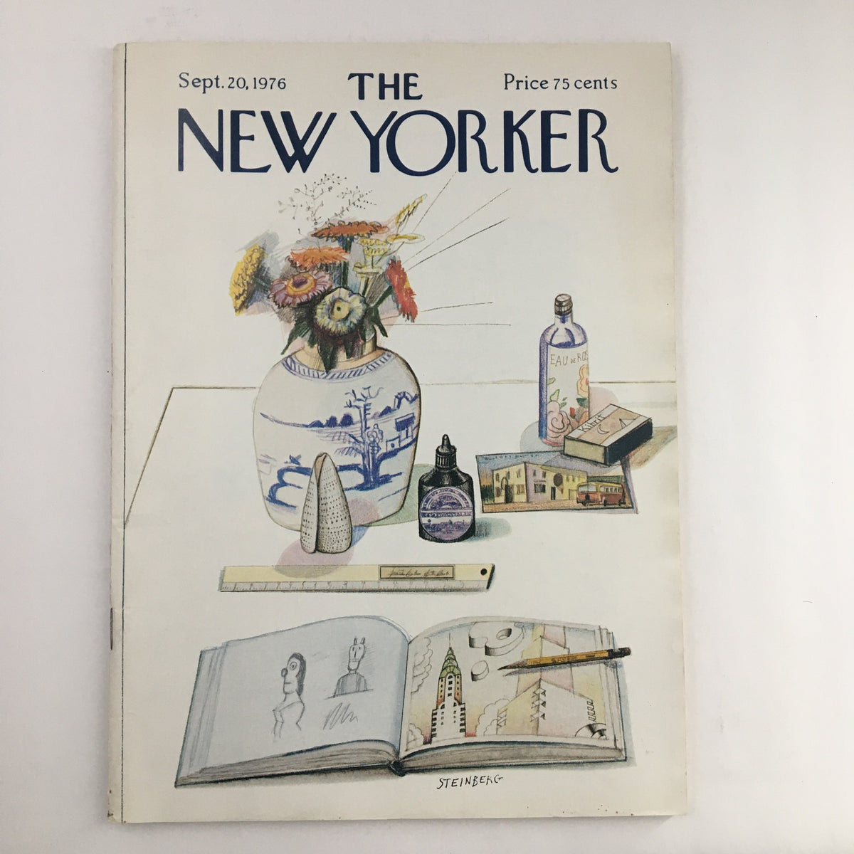 Cover of The New Yorker Magazine September 20 1976 featuring artwork by Saul Steinberg, showcasing a still life with flowers, bottles, and an open sketchbook.