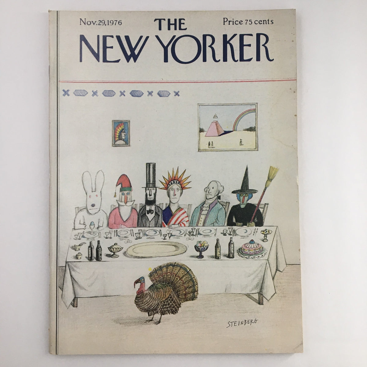Cover of The New Yorker Magazine from November 29, 1976, featuring a whimsical Halloween Feast illustration by Saul Steinberg, showcasing a festive dining scene with unique characters and a turkey in front.